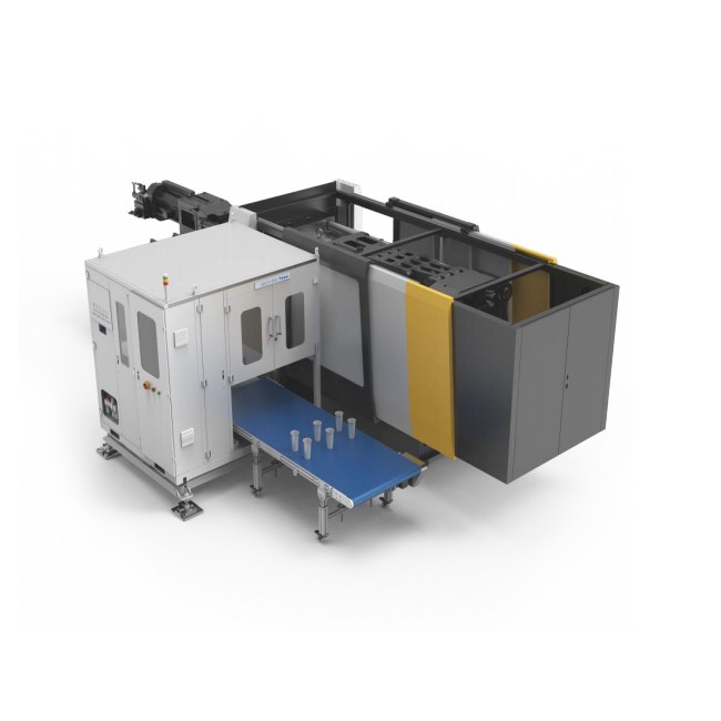 In Mold Labeling Side Entry Robot voor melktheekopjes
